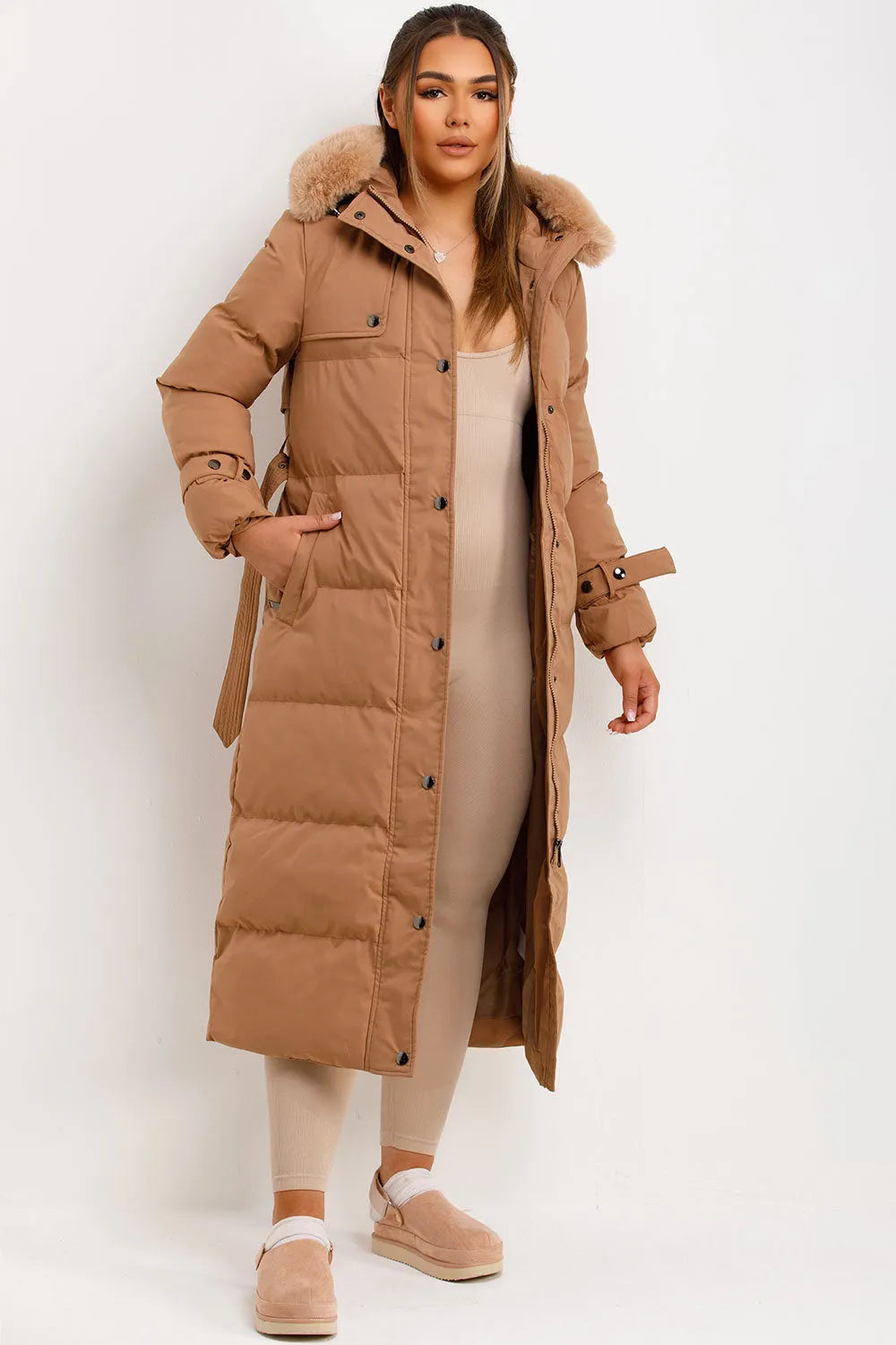 Long Puffer Trench Coat With Belt And Faux Fur Hood Camel