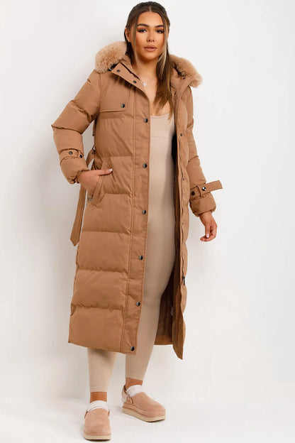 Long Puffer Trench Coat With Belt And Faux Fur Hood Camel
