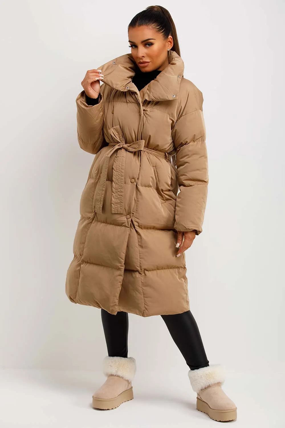 Long Puffer Coat Duvet Style Beige