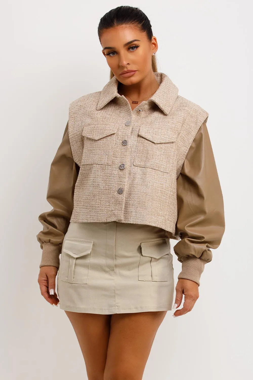 Tweed Bomber Jacket With Faux Leather Sleeves Beige