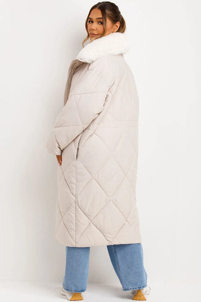 Long Puffer Quilted Coat With Fur Collar Beige