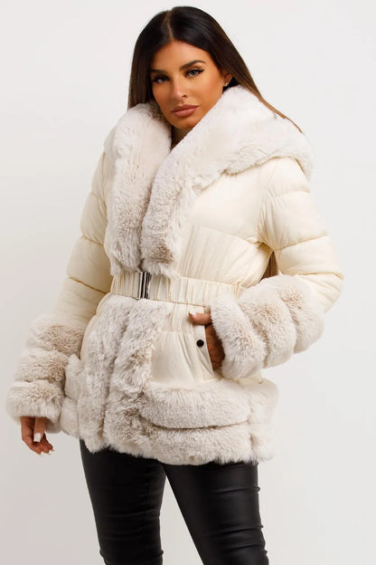 Beige Faux Fur Trim Puffer Hooded Down Jacket With Belt