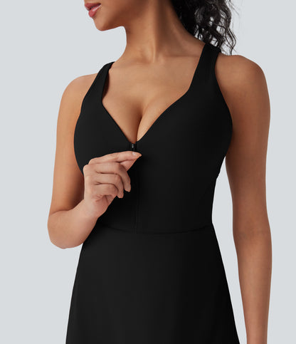 SoftlyZeroTM Plush Push-Up Molded Cups Zipper 2-in-1 Yoga Active Dress with Pockets-Easy Peezy-D/DD/DDD/F