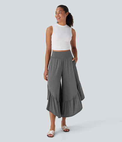 High Waisted Ruffle Hem Casual Pants with Pockets