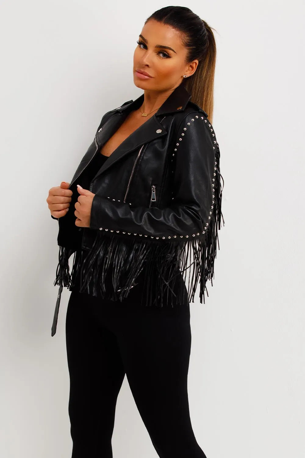 Black Faux Leather Biker Jacket With Tassels And Stud Detail