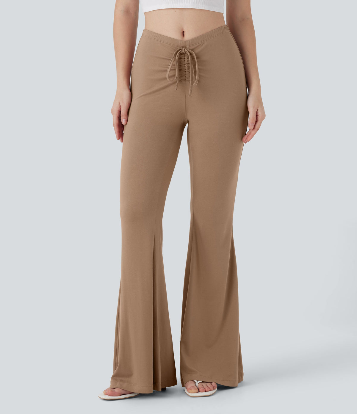V Shaped Mid Rise Drawstring Flowy Casual Flare Pants