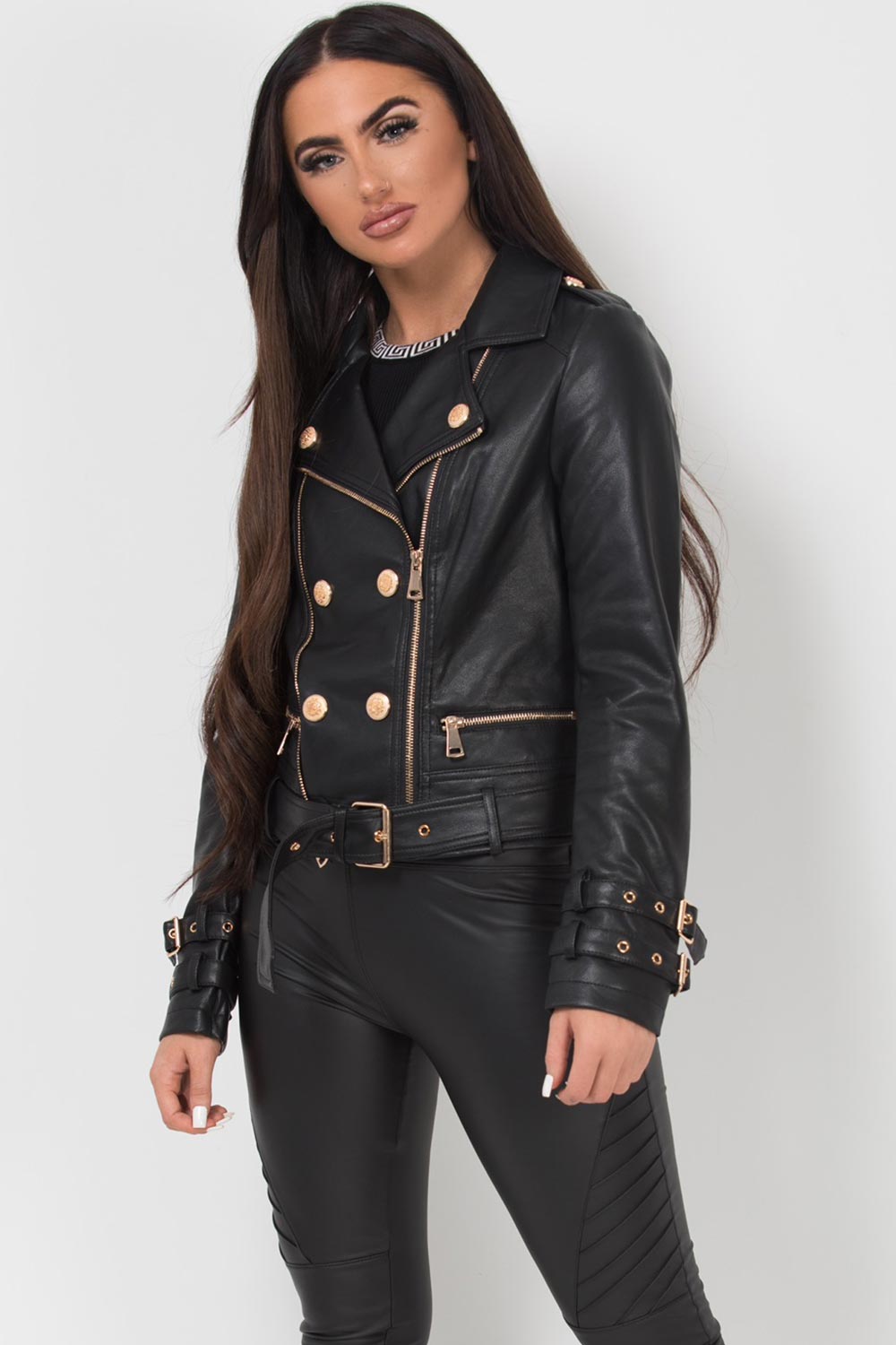 Black Faux Leather Jacket With Gold Button Detail