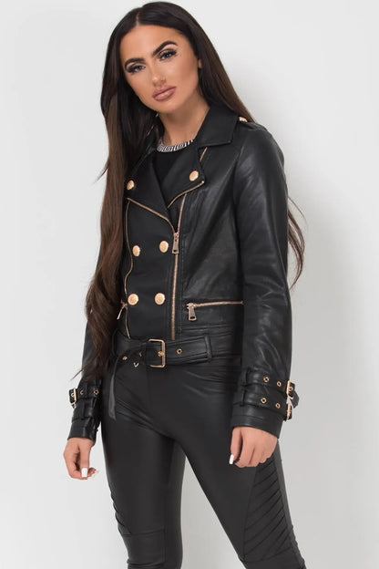 Black Faux Leather Jacket With Gold Button Detail