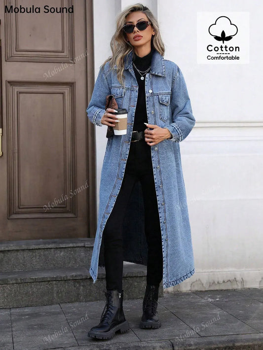Women's Button Front Denim Coat, Elegant Casual Long Sleeve Denim Jacket for Spring & Fall, Women's Clothing for Daily Wear, Autumn