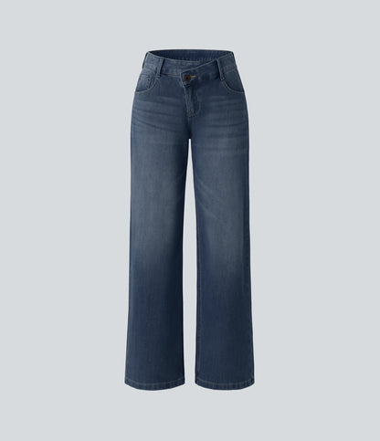 FlexTM Asymmetric Low Rise Zipper Pockets Baggy Wide Leg Washed Casual Jeans