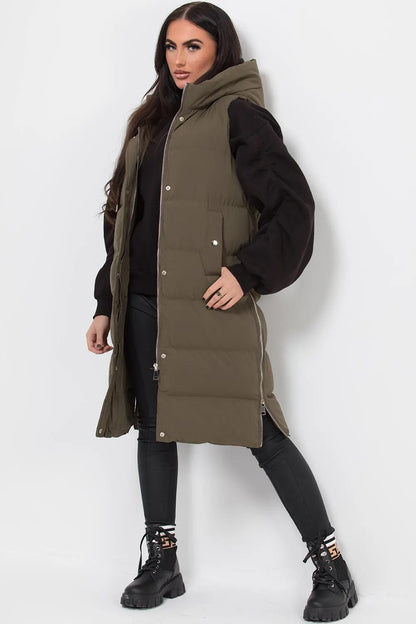 Longline Hooded Gilet Khaki