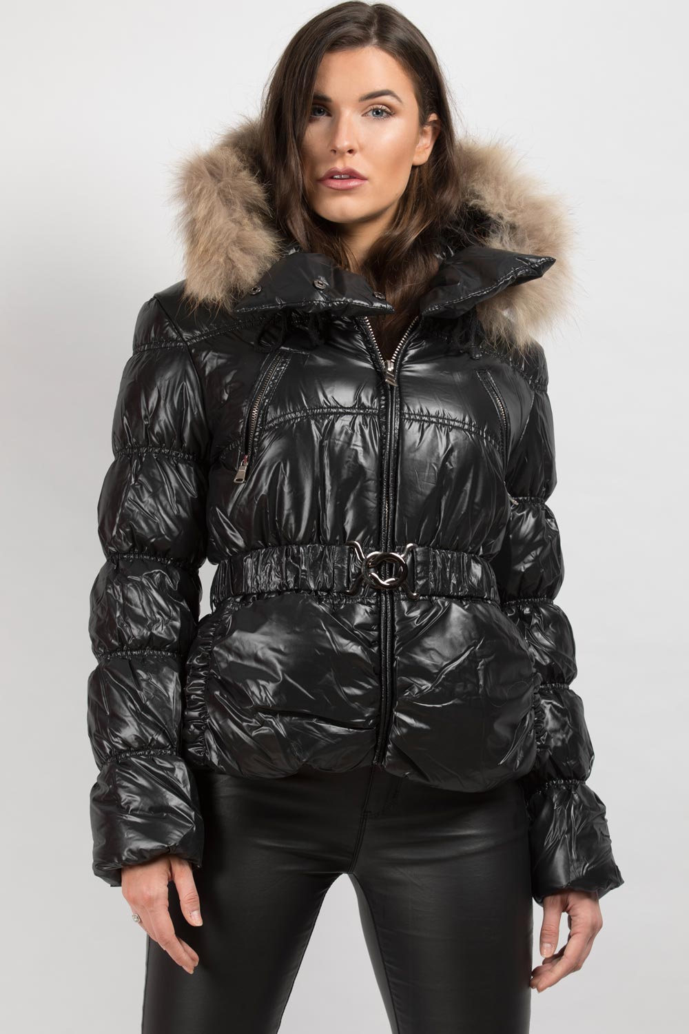 Shiny Puffer Coat With Fur Hood Belted