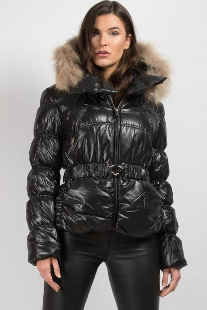 Shiny Puffer Coat With Fur Hood Belted