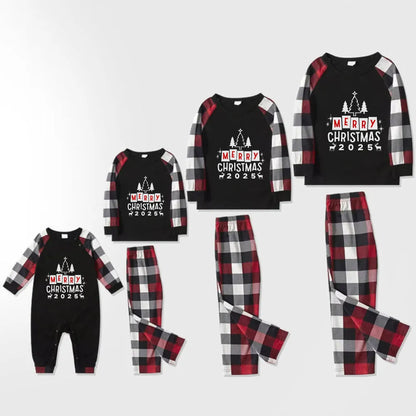 Christmas Family Matching Pajamas-Red and Gray Plaid Pjs set with “Merry Christmas” Print