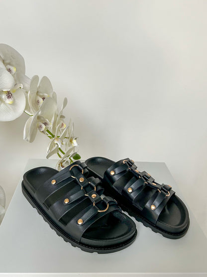 Triple Strap Sandals With Gold Circle Detail (3 Colours)