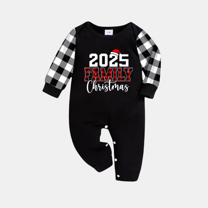 2025 Family Christmas Text Print Black Long Sleeve Top with Black And White Plaid Pants Family Matching Pajamas