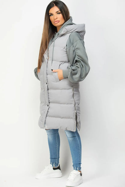 Grey Padded Longline Hooded Gilet