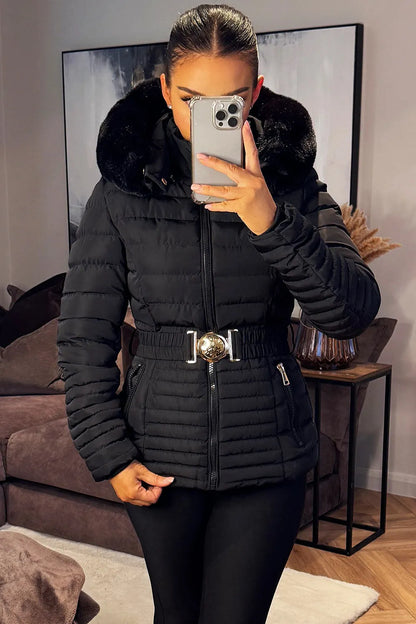 Black Puffer Jacket With Faux Fur Hood And Gold Belt