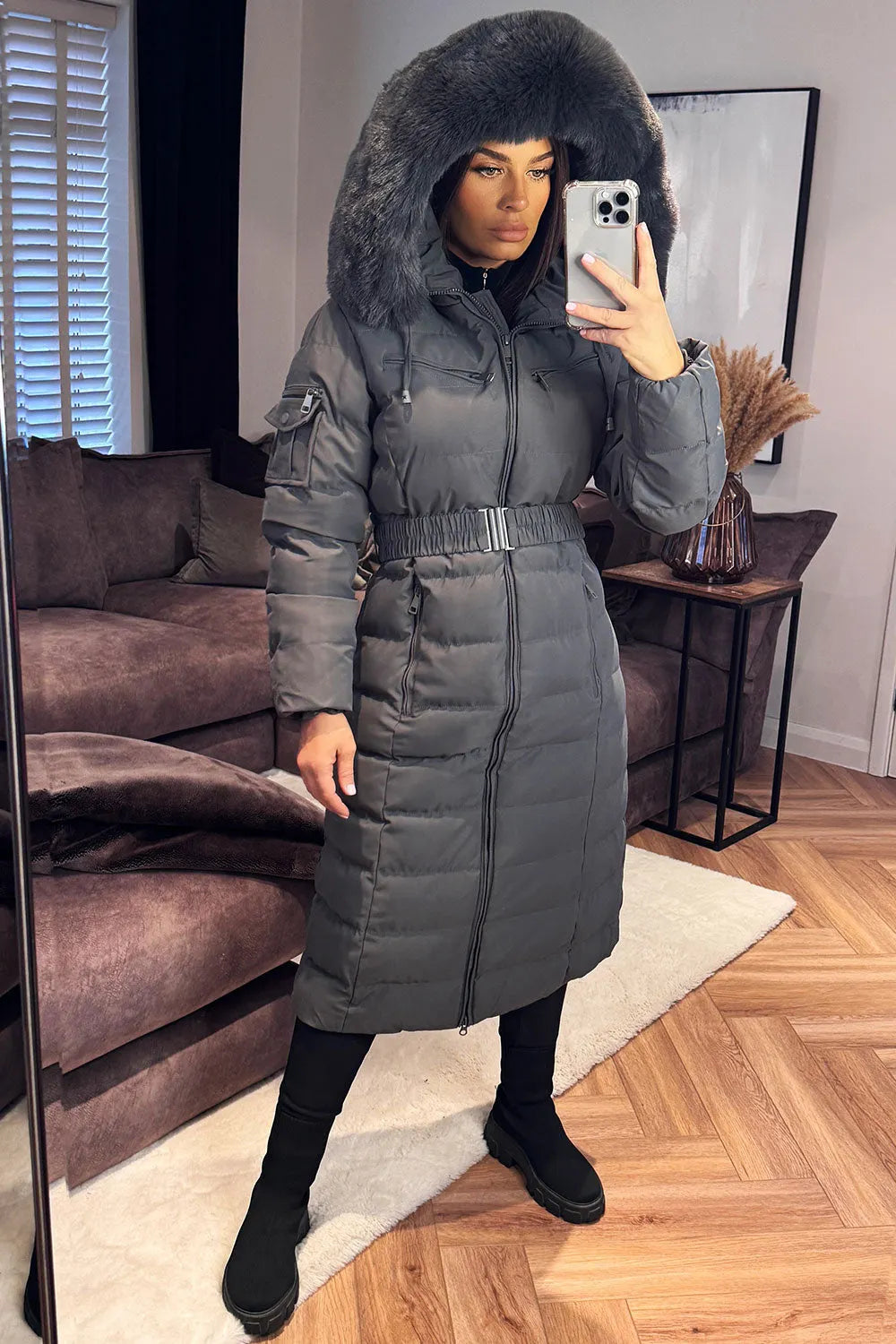 Longline Puffer Padded Coat With Fur Hood And Belt Grey