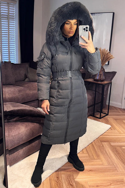 Longline Puffer Padded Coat With Fur Hood And Belt Grey