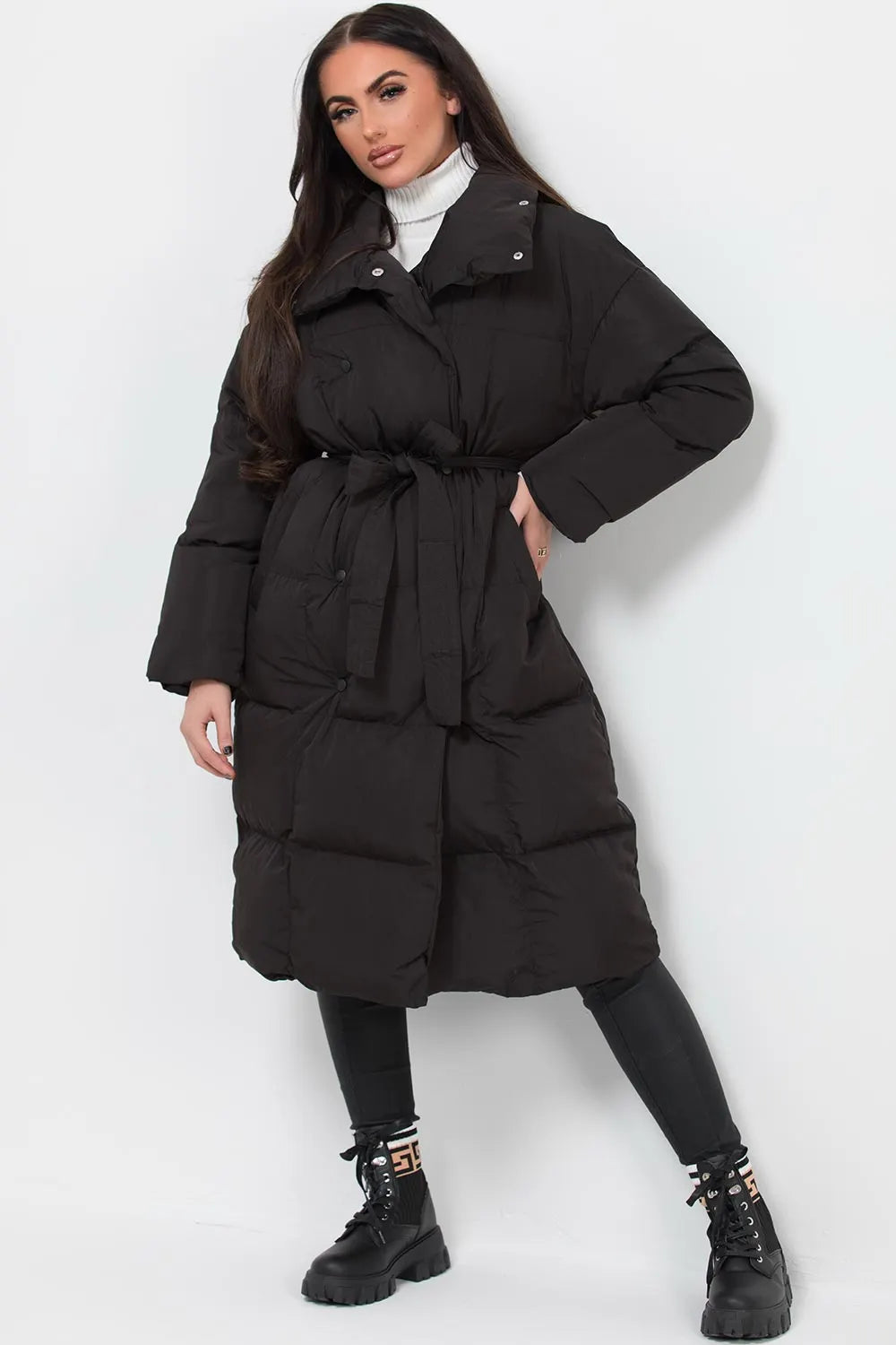 Long Duvet Puffer Coat With Waist Belt Black