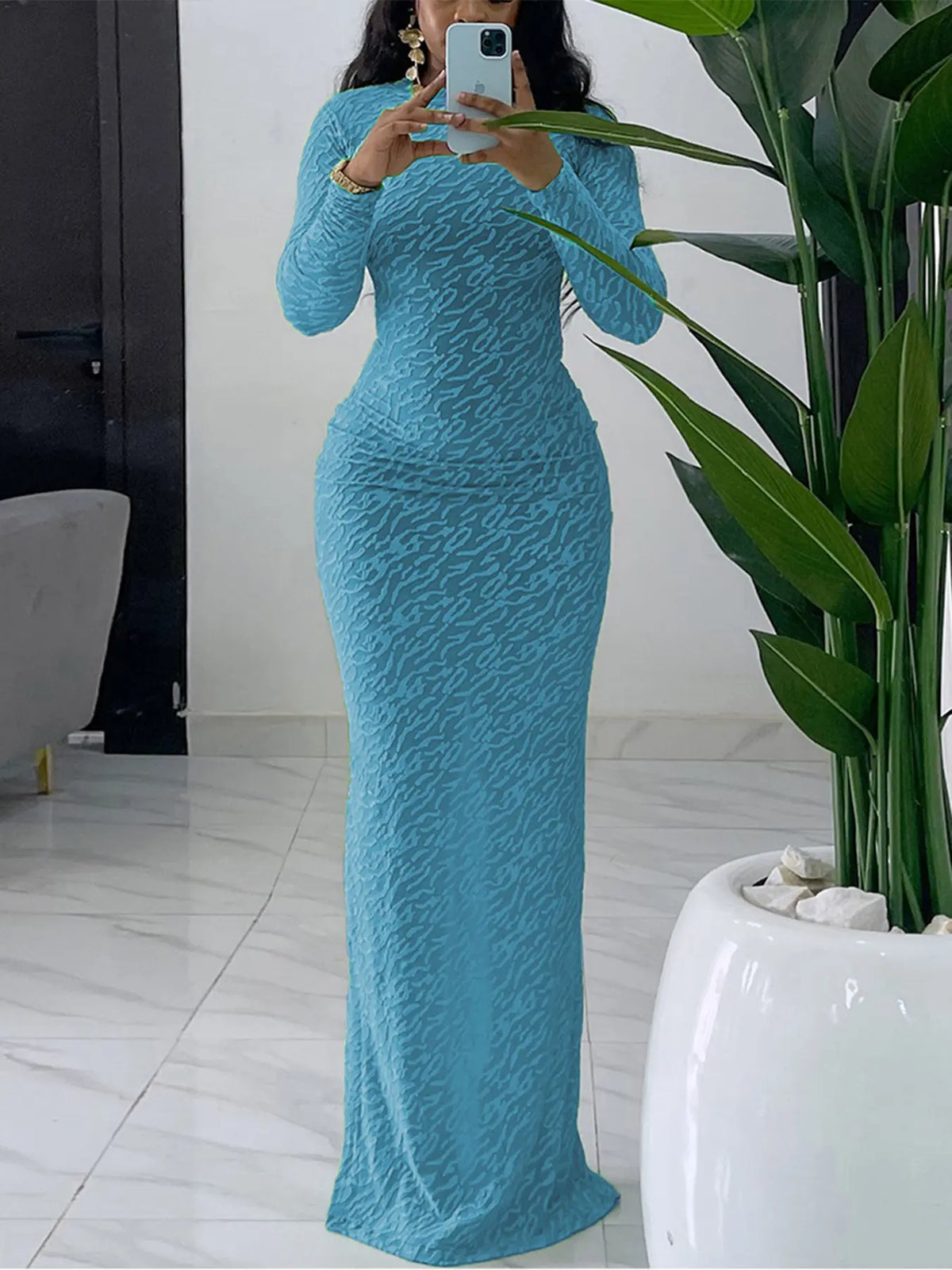 Women's Plain Solid Long Sleeve Bodycon Dress, Casual Fashion Mock Neck Maxi Dress for Daily Wear, Ladies Clothes for Spring
