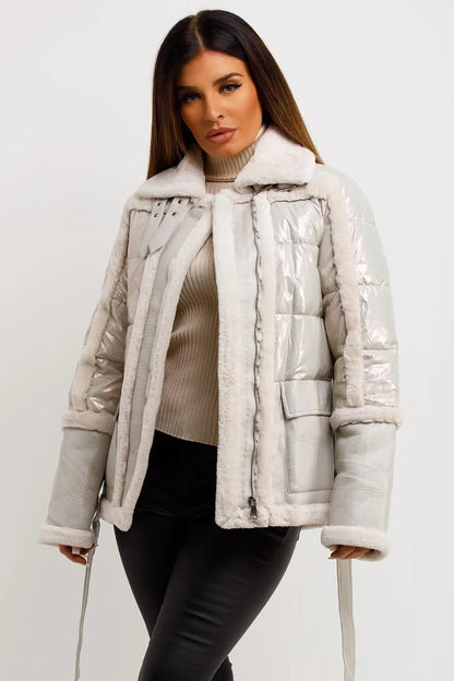 Faux Fur Trim Faux Suede Jacket In Ivory