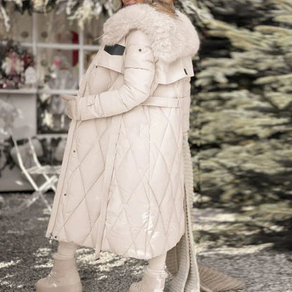 Women's Long Quilted Coat with Fur Collar