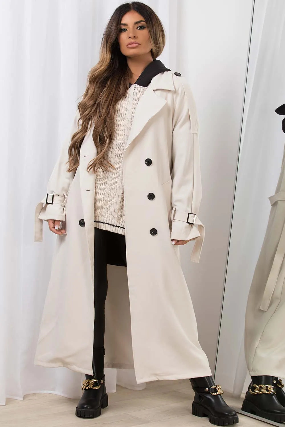 Oversized Trench Coat With Tie Waist Beige