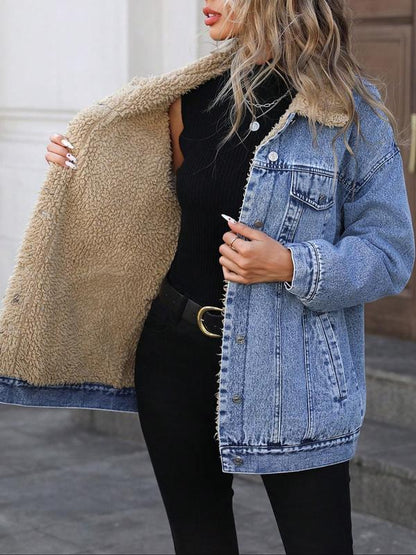 Women's Fall Winter Casual Fashion Jacket, Elegant Solid Color Stand Collar Thickened Warm Denim Coat, Versatile Outerwear for Women