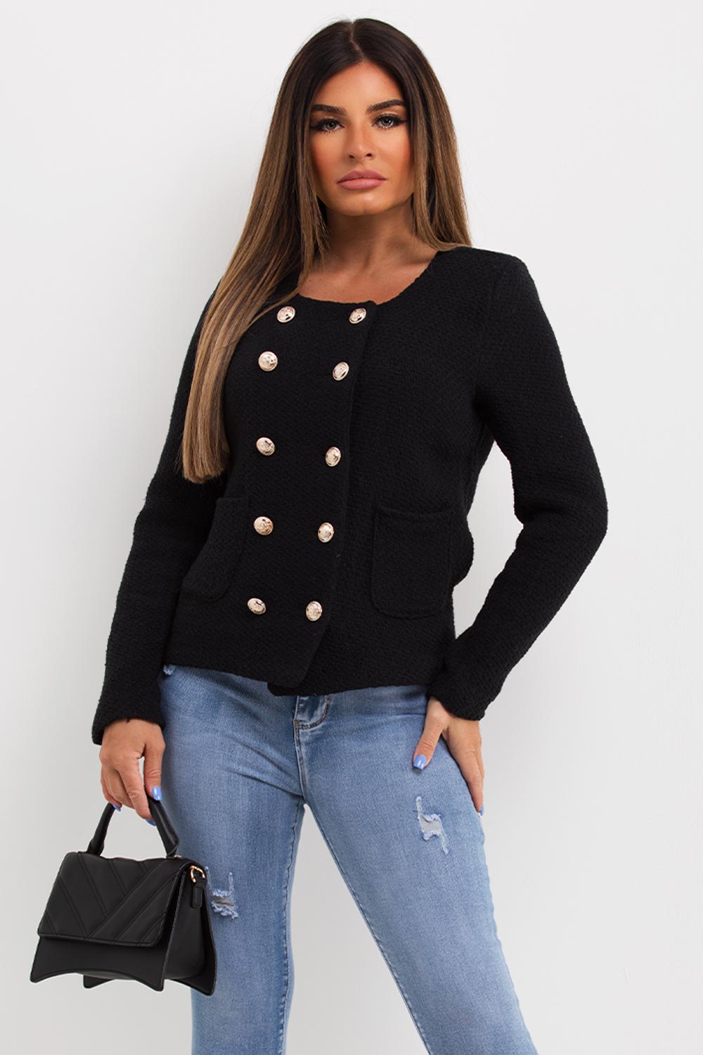 Gold Button Tweed Blazer Jacket Black