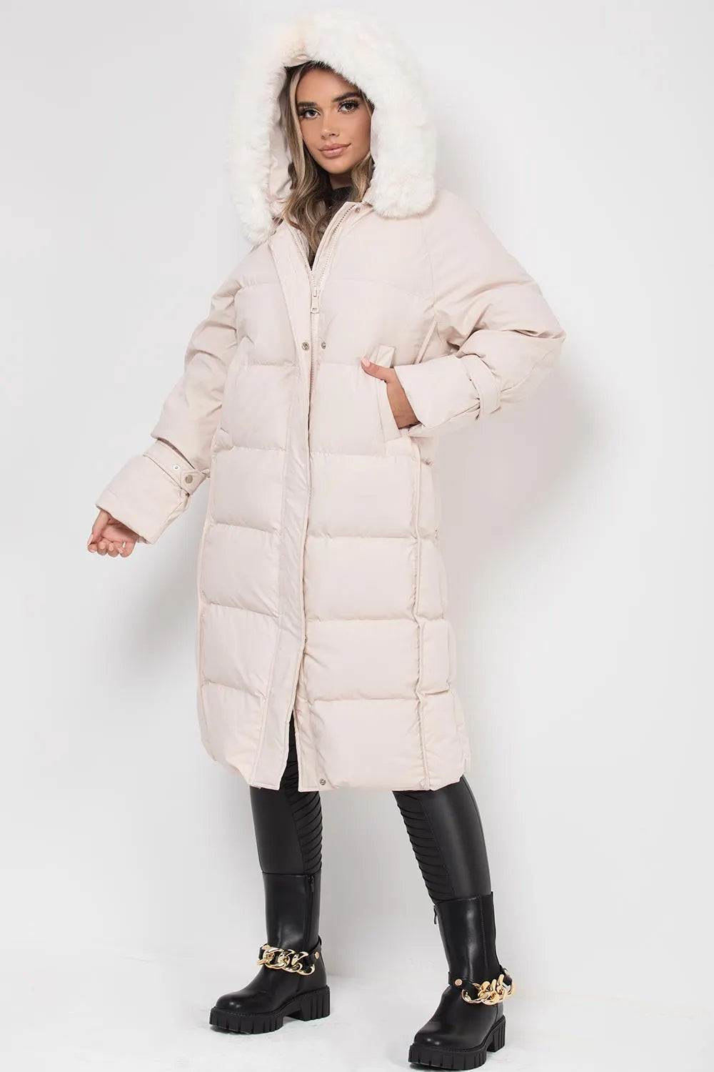 Long Puffer Down Coat With Faux Fur Hood Beige