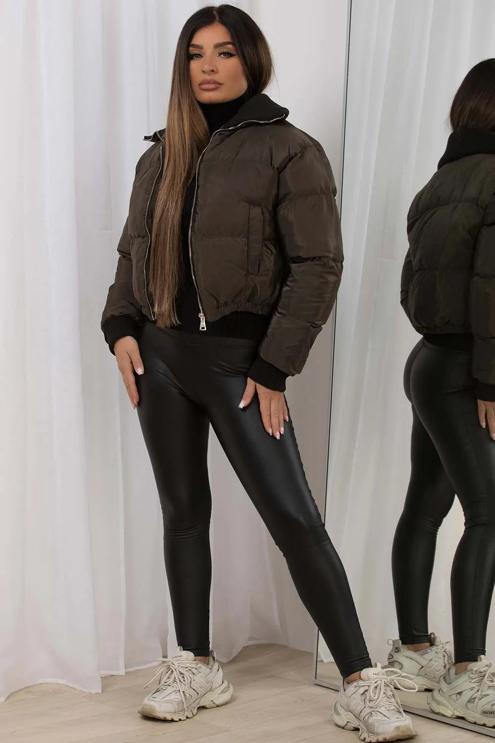 Cropped Puffer Jacket With Rib Collar Khaki