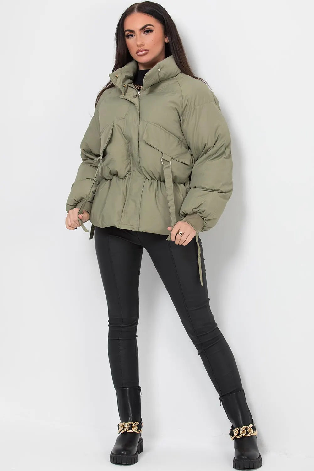 Puffer Jacket With Pocket Detail Khaki