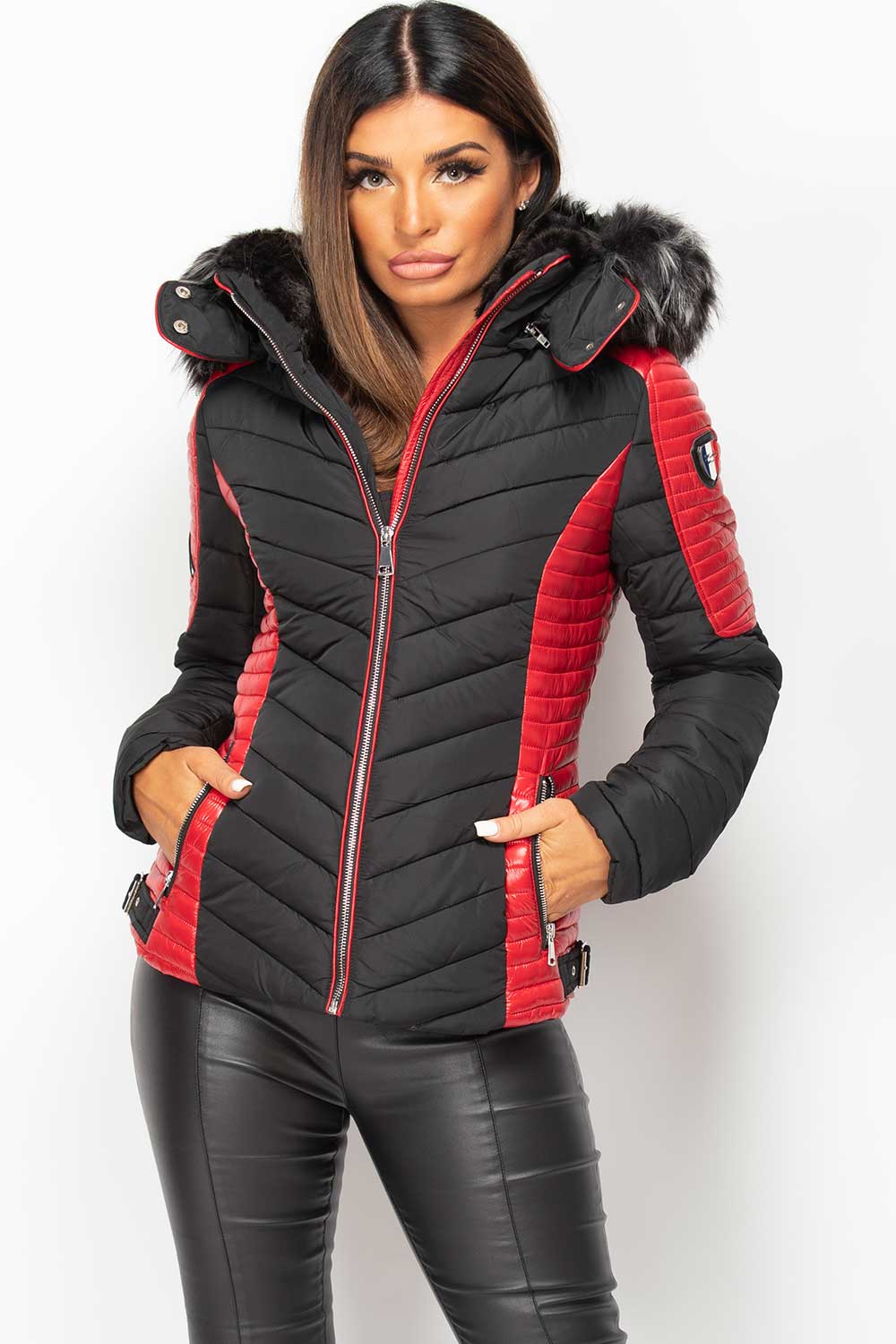 Puffer Coat With Faux Fur Black And Red