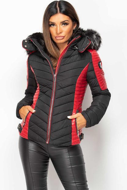 Puffer Coat With Faux Fur Black And Red