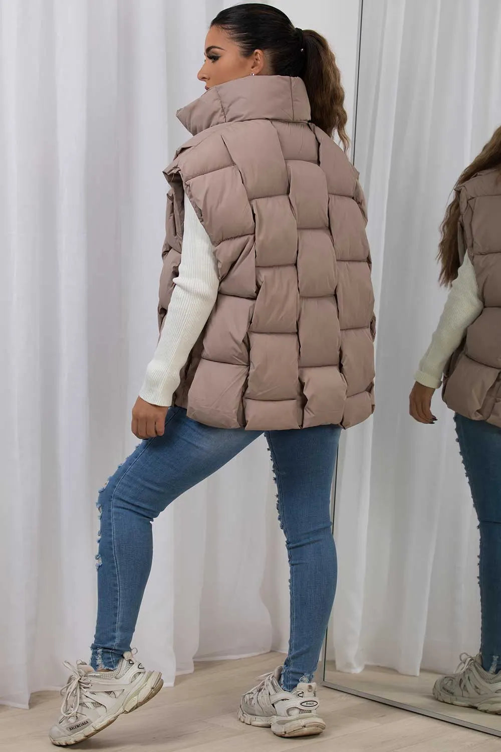 Quilted Padded Gilet With Woven Detail Beige
