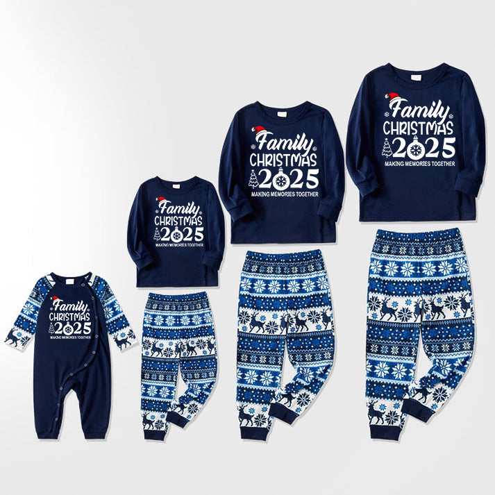 "Family Christmas 2025 " Text Print Blue Family Matching Pajamas