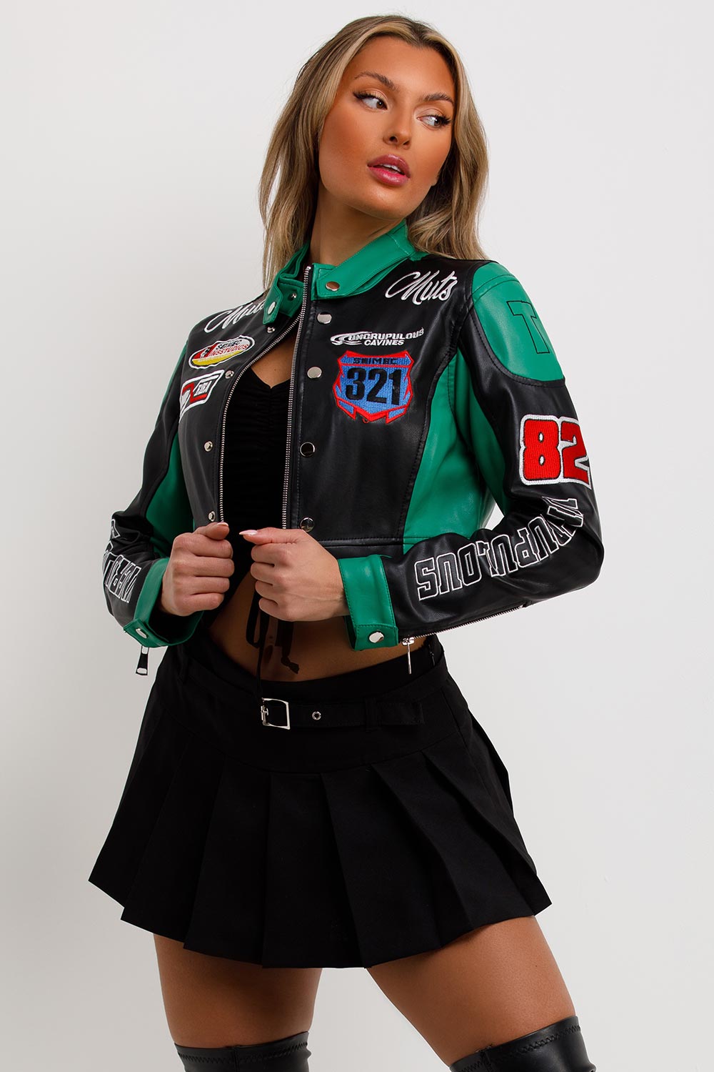 Faux Leather Racer Jacket Green