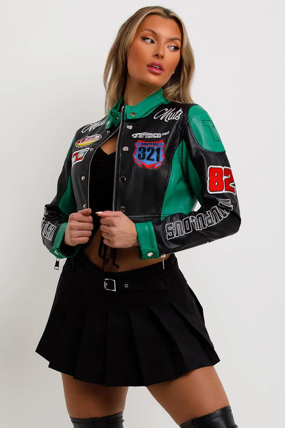 Faux Leather Racer Jacket Green