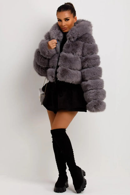 Grey Faux Fur Coat With Hood