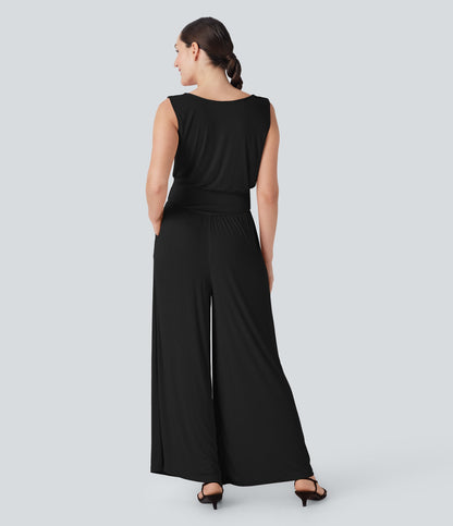 Ribbed Cowl Neck Sleeveless Wide Leg Casual Jumpsuit with Pockets