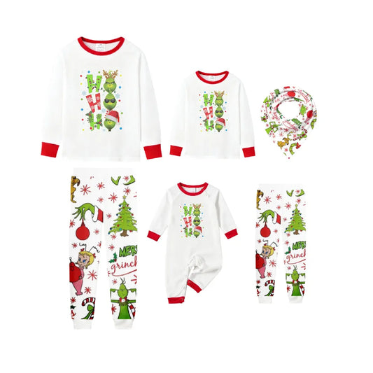 Family Christmas White Pajamas Set With "HO HO HO" & Cute Christmas Character Print