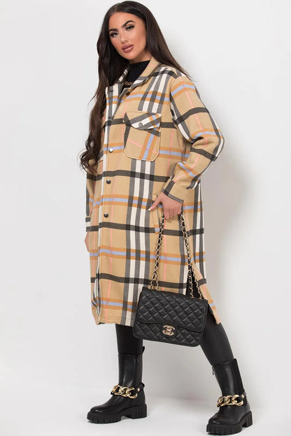 Long Check Shacket Camel