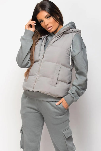 Hooded Padded Gilet Sleeveless Jacket Grey