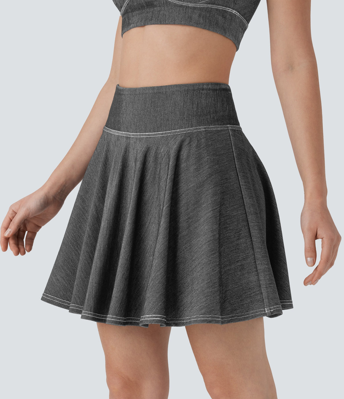 FlexTM High Waisted 2-in-1 Cool Touch Washed Stretchy Knit Denim Mini Tennis Skirt with Pockets