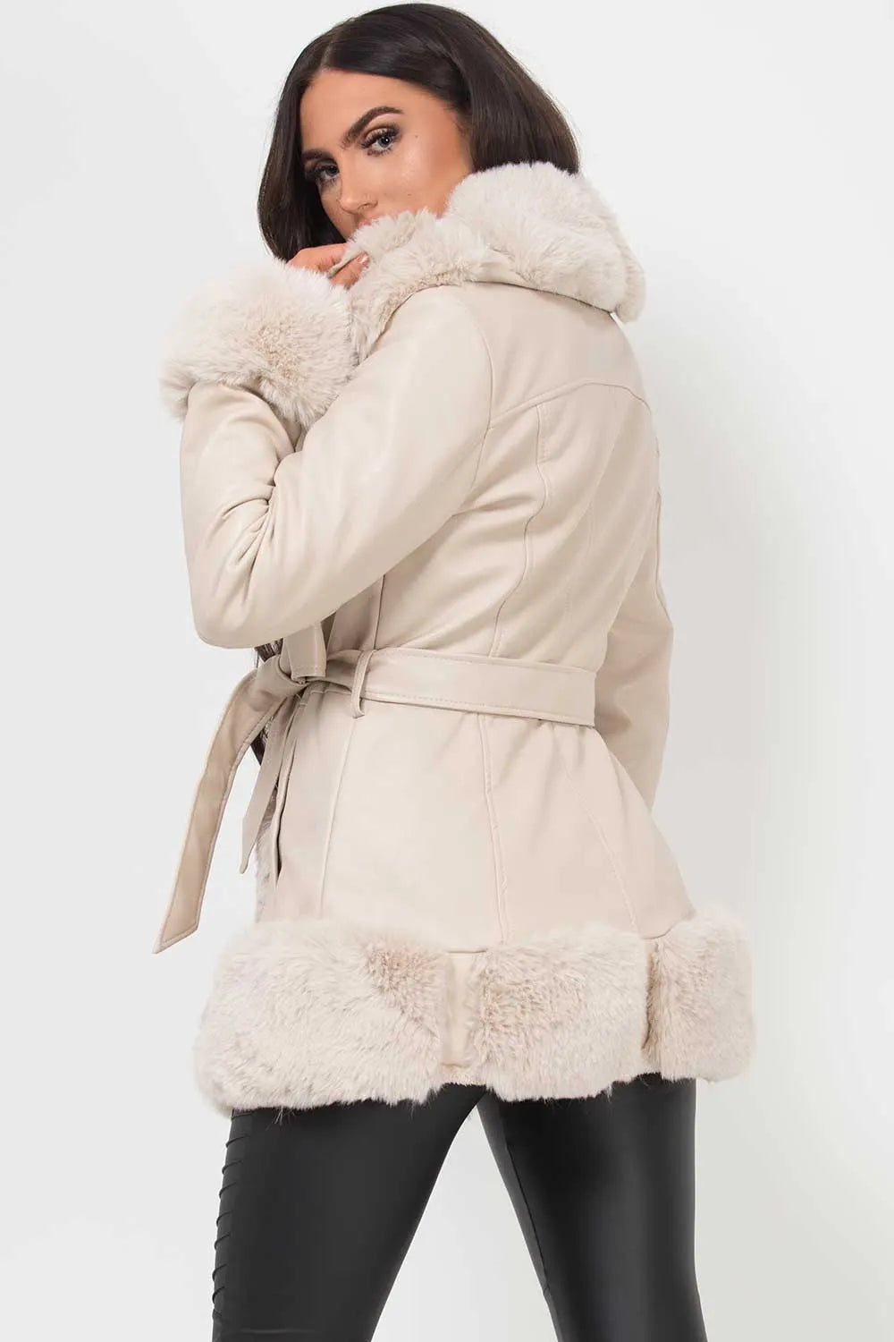Faux Fur Trim Faux Leather Coat With Belt Beige