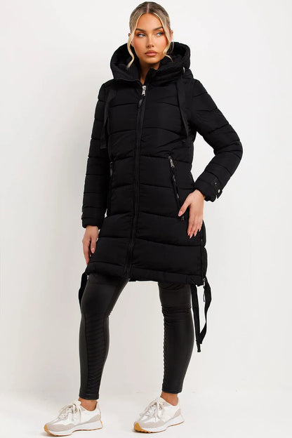 Long Puffer Coat With Hood And Side Straps Black
