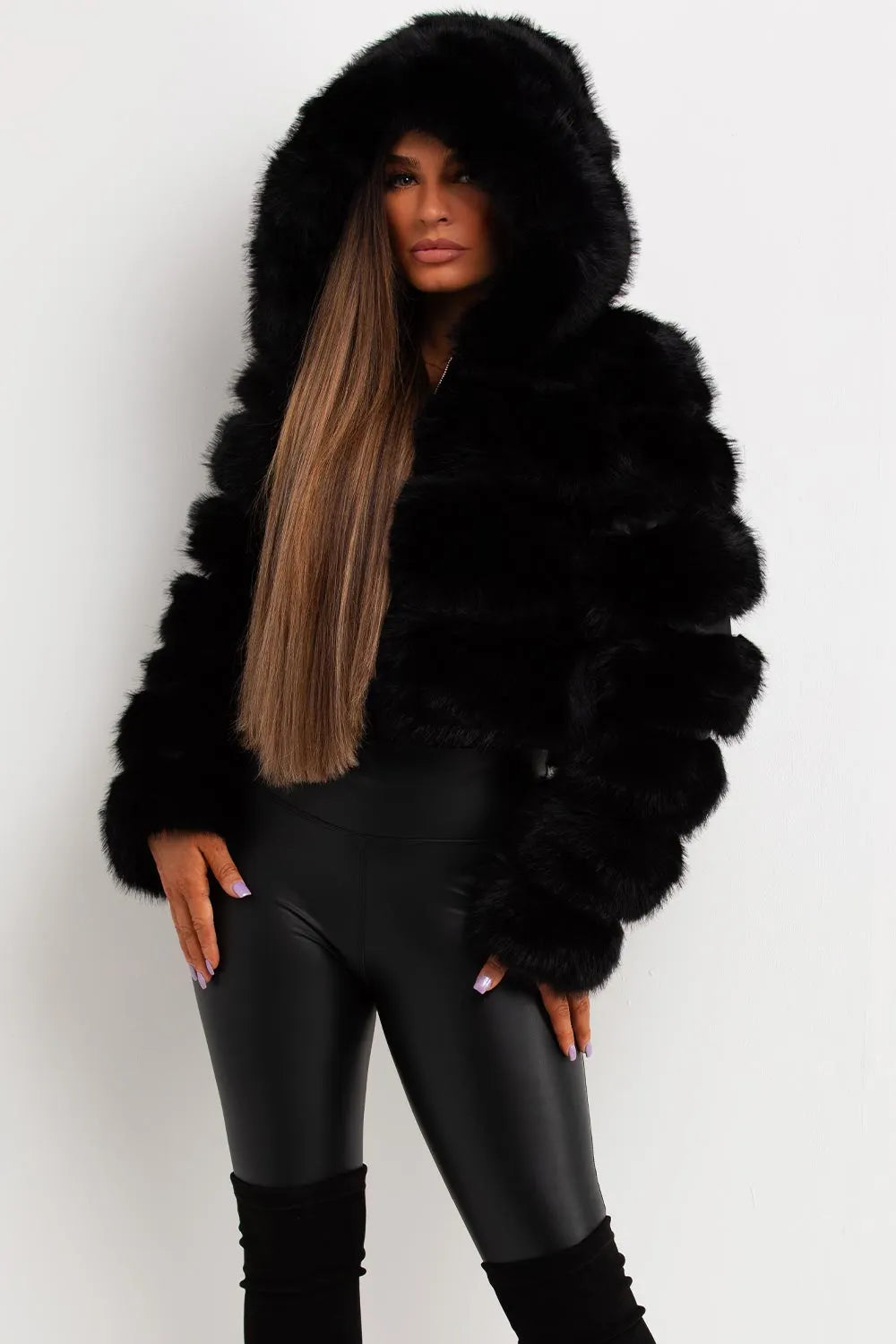 Faux Fur Coat With Hood Black