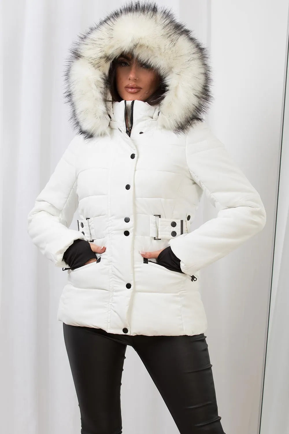 Faux Fur Hood Puffer Jacket With Buckle Belt White
